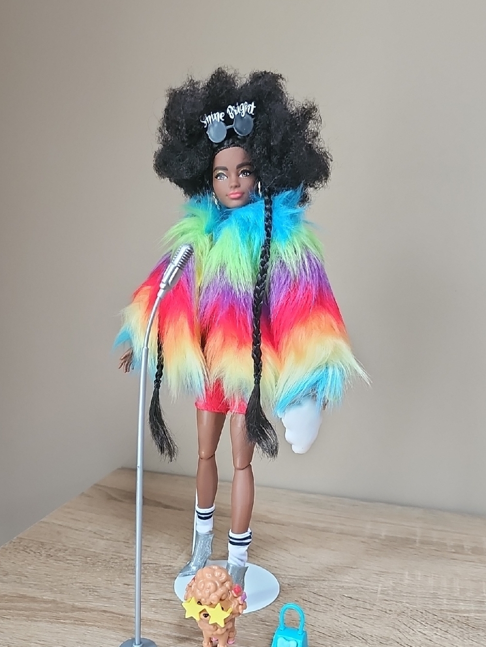 Barbie Extra Doll Rainbow Faux Fur Jacket in Bright Multicolor Pet Poodle
